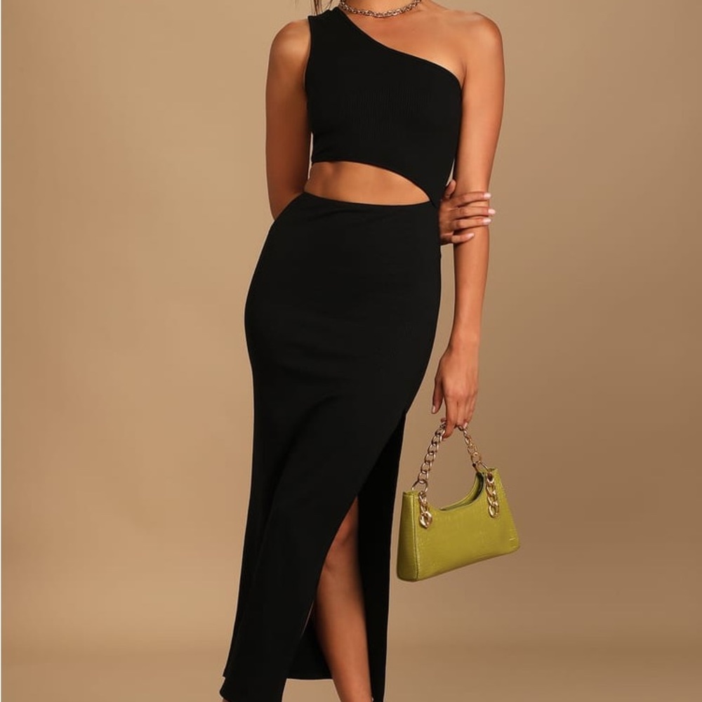 Spice Things Up Black Ribbed One-Shoulder Cutout Midi Dress